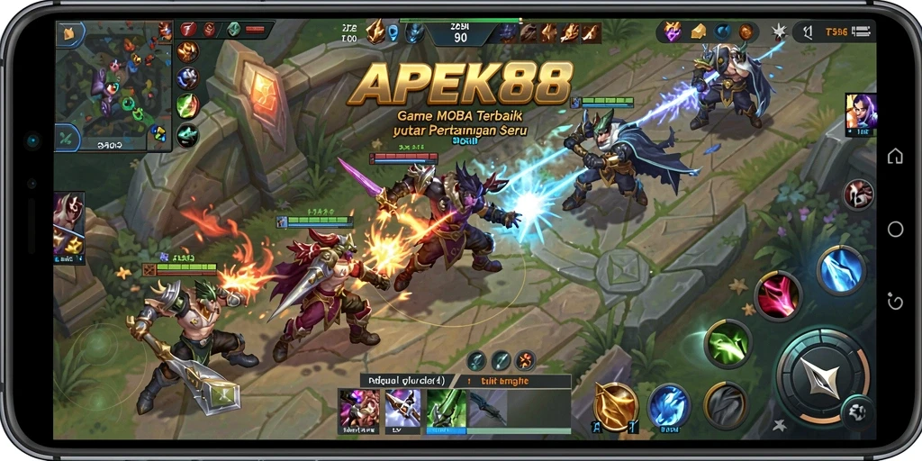 Screenshot APEK88 menampilkan aksi seru pertempuran MOBA dengan karakter unik.
