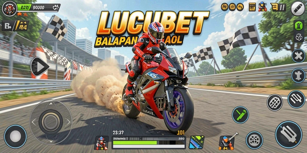 Tampilan gameplay LUCUBET dalam aksi balapan motor.