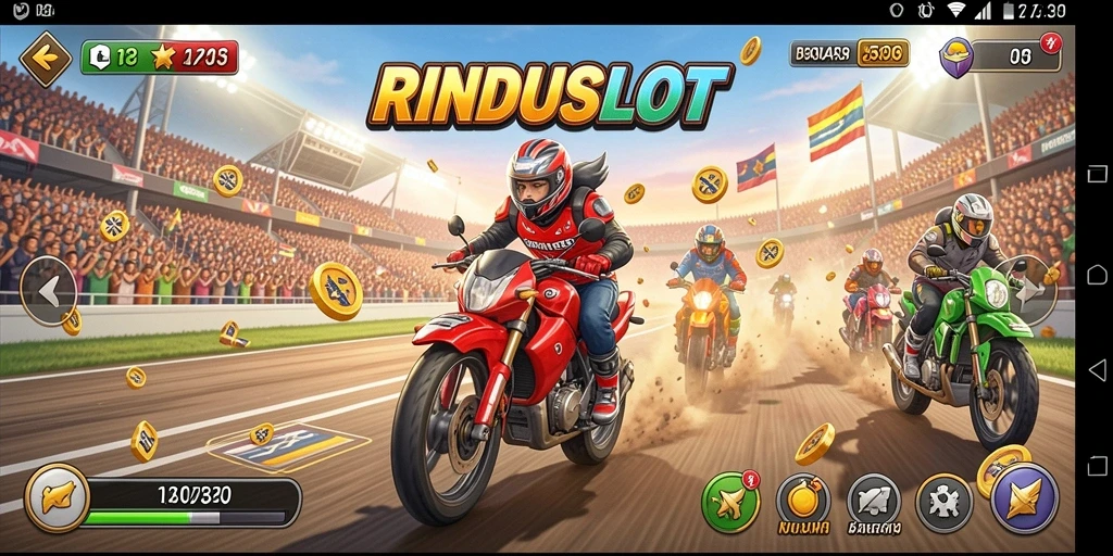 Tampilan gameplay RINDUSLOT dengan balapan yang mendebarkan dan mobil kustom.