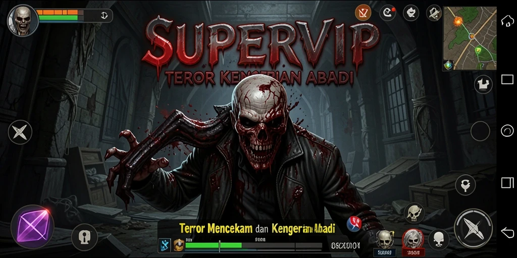 Tampilan gameplay mencekam dari SUPERVIP dengan efek suara menyeramkan.
