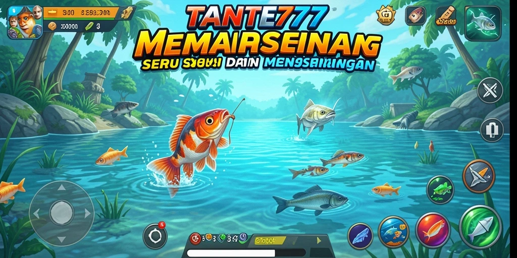 Tangkapan layar gameplay seru dalam TANTE777 menampilkan suasana memancing yang menggembirakan.