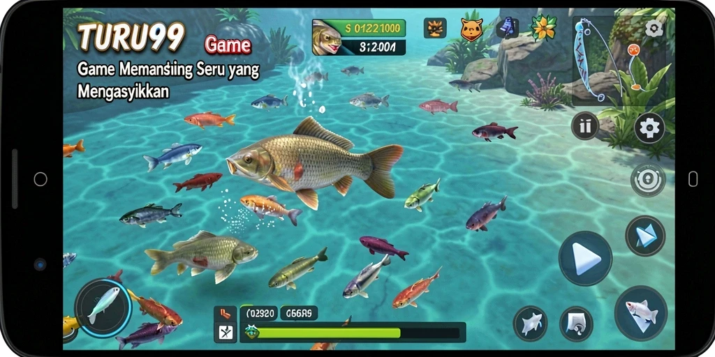 Tampilan menarik gameplay TURU99 dengan berbagai jenis ikan yang menunggu untuk ditangkap.