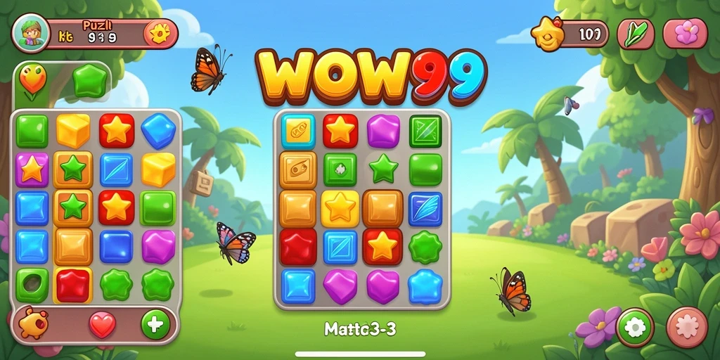 Screenshot WOW99 menampilkan gameplay seru Match-3 dengan kombinasi warna.